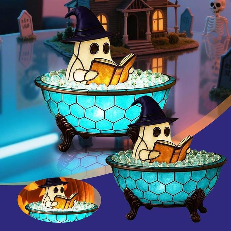 Halloween Ghost Bubble Bath Decor Light, USB Powered Reading Book Lamp with Glowing Base, Perfect Halloween Gift, Soft Light Bedside Lamp
